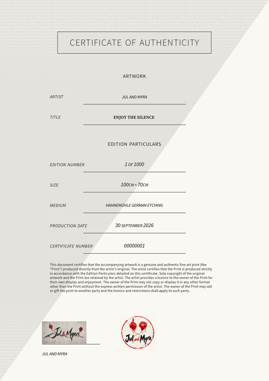 Enjoy the silence  — Certificate of Authenticity