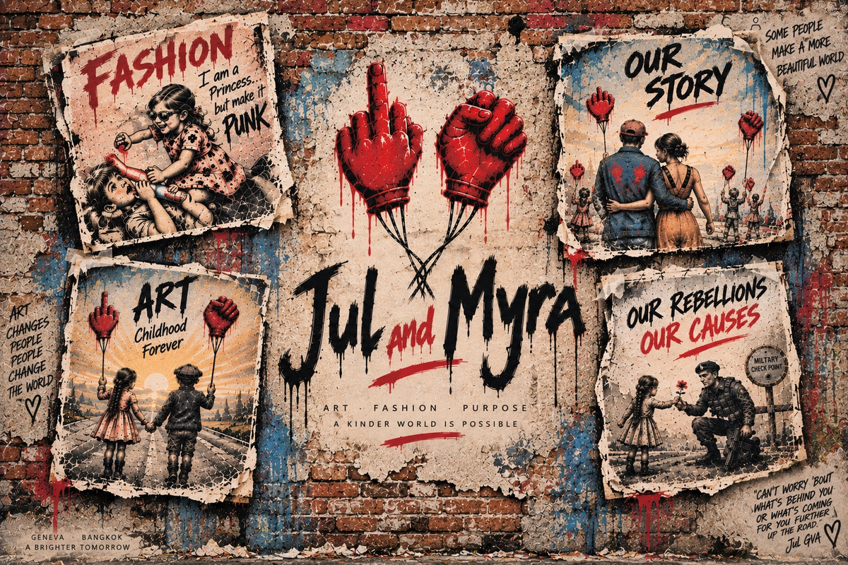 Mur de street art JUL & MYRA avec deux ballons rouges en forme de mains et les affiches Mode, Art, Notre histoire et Nos Combats
