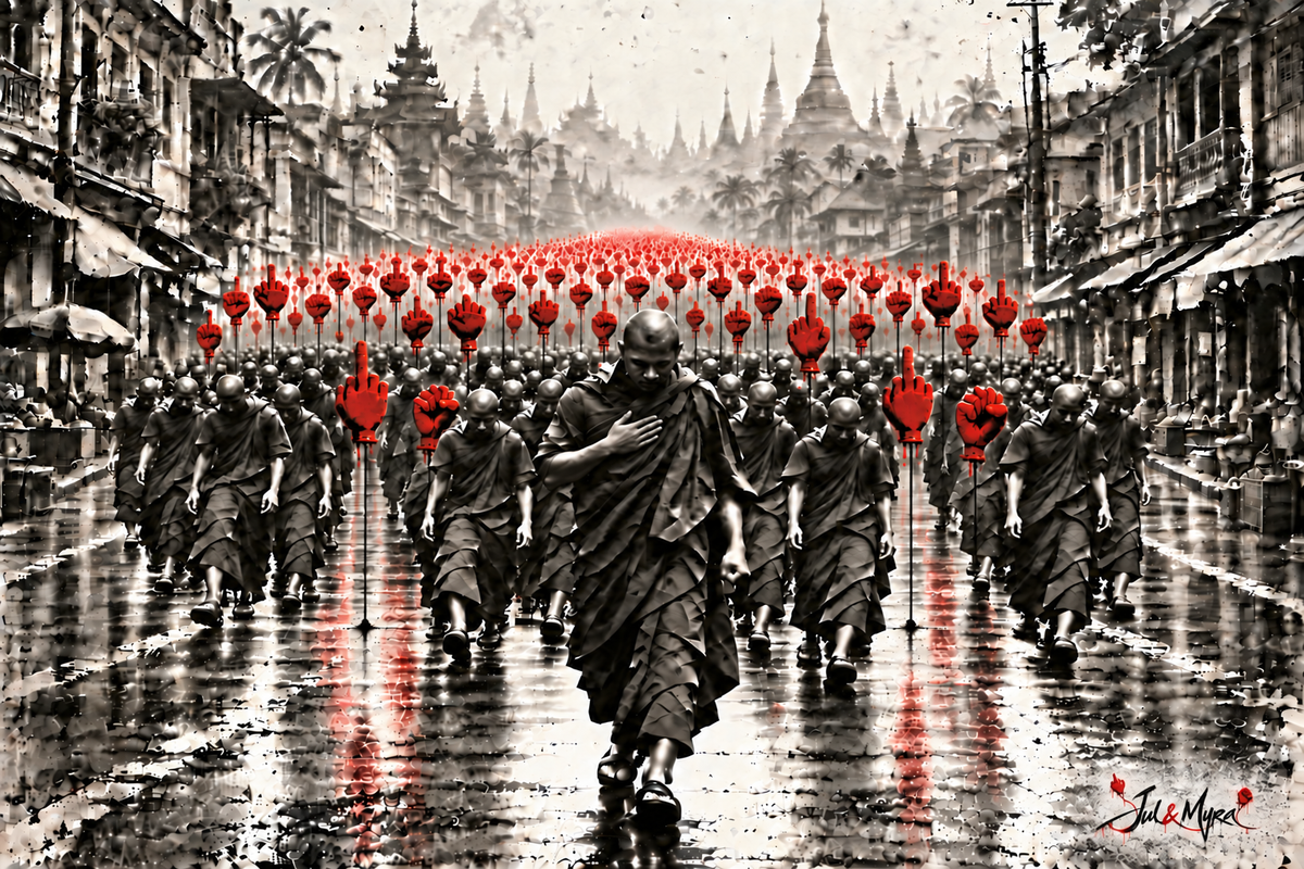 Œuvre Jul and Myra : une marche de moines birmans prolongée par une foule de ballons rouges en forme de mains.