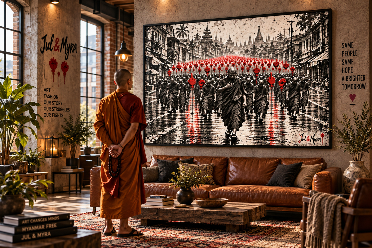 Jul & Myra — The Power of Silence, monk procession artwork in loft