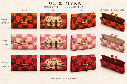 Dalal — pochette Jul & Myra, trois coloris, face, dos, profil et intérieur